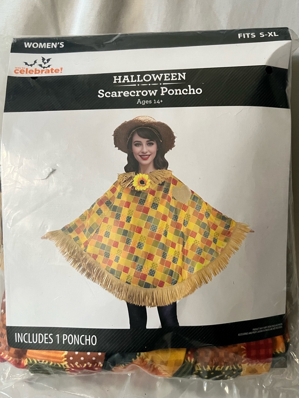 NEW! Women's Yellow Plaid Scarecrow Poncho Costume